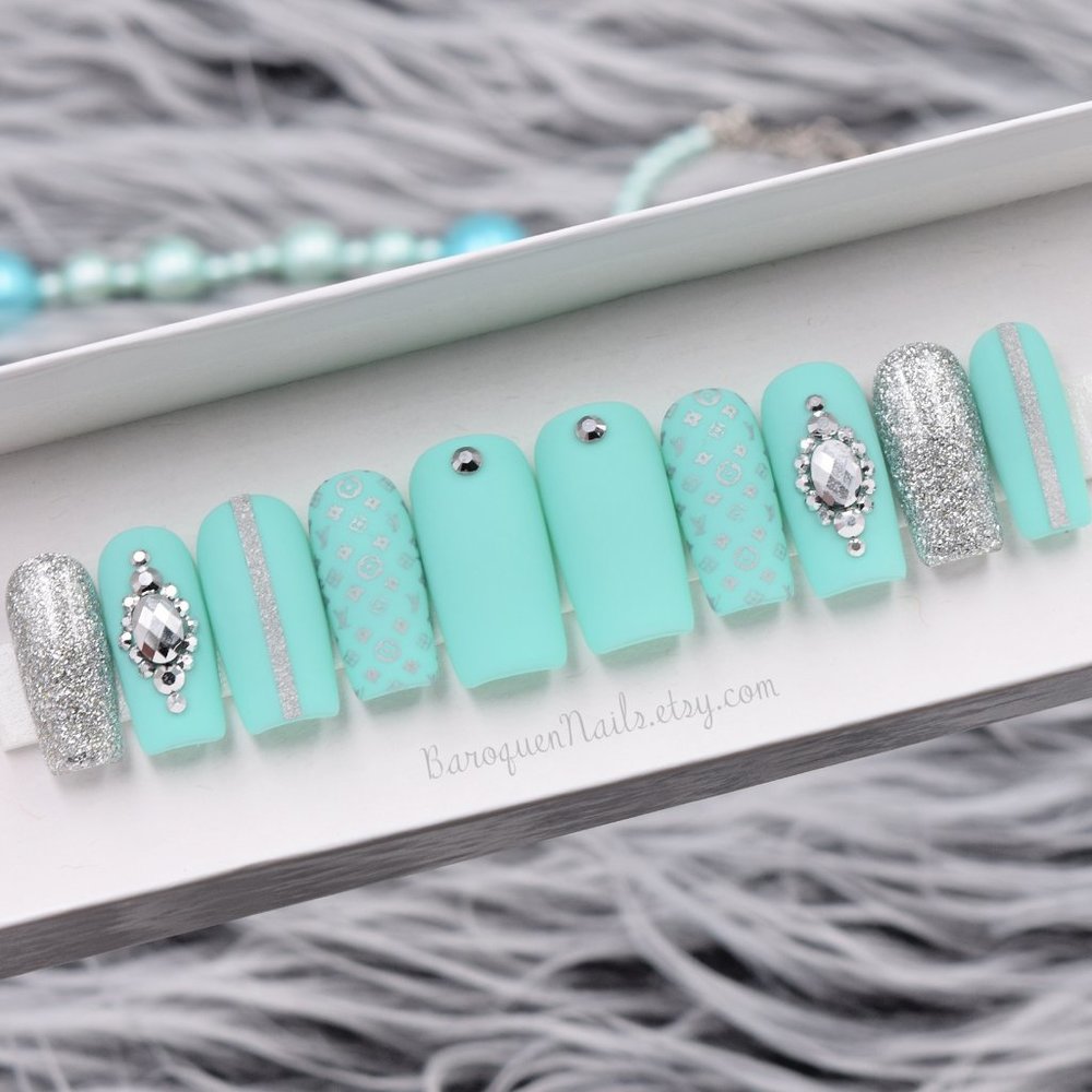 Designer Print Press-On Nails L V Collection Mint Handcrafted Gel Fake Nails